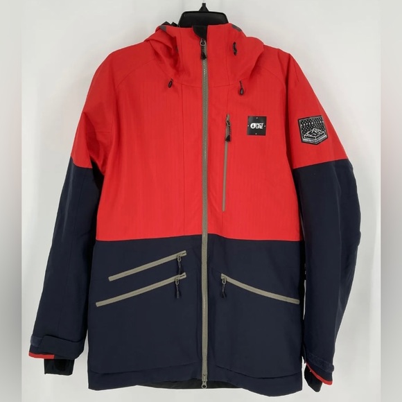 Picture Mens Red Navy Pockets Long Sleeve Full Zip Hooded Snow Ski Jacket Small - Picture 1 of 5